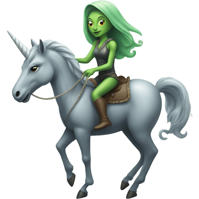 a green amazon alien woman on a grey unicorn emoji