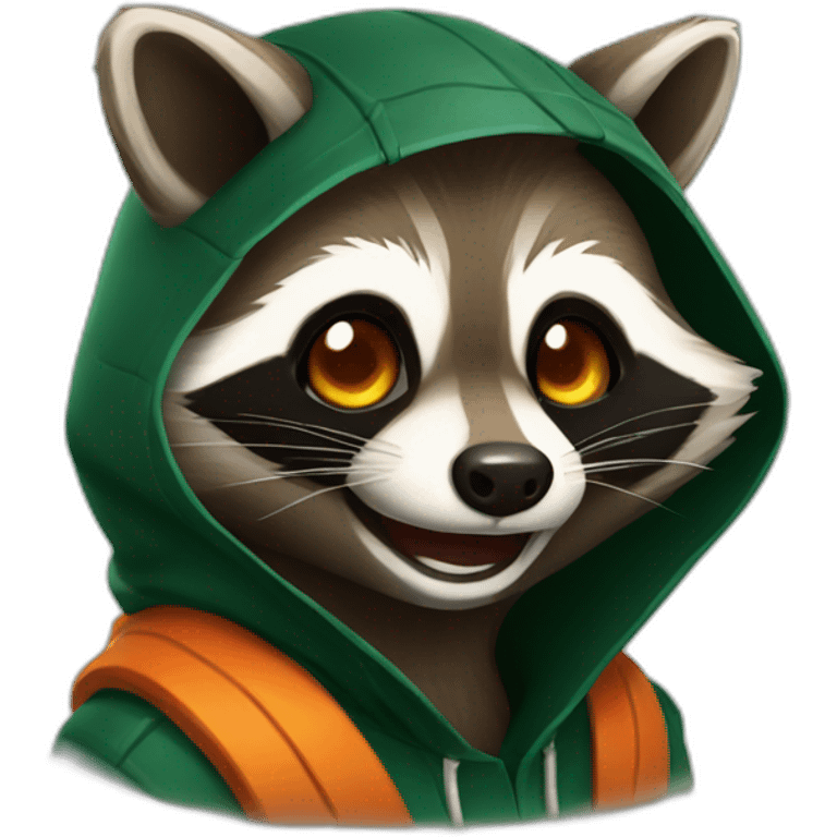 brown raccoon with orange eyes and a dark green hood that is laughing emoji