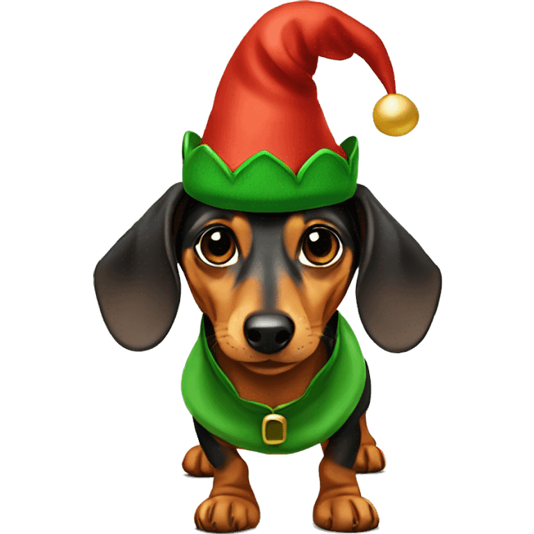 Dachshund wearing elf hat and elf costume emoji