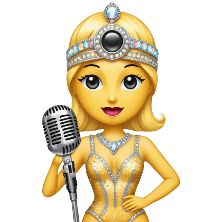 Create a glamorous and vibrant emoji representing stage vocal performance. The design should feature a classic vintage microphone at the center, surrounded by an eye-catching stage costume covered in rhinestones, sparkling brightly. The costume should be stylized, with glittering elements like sequins and sparkles, and reflect the glitzy, extravagant nature of show business. The microphone should have a sleek, retro look with chrome or metallic accents. Use rich, dazzling colors like gold, silver, deep purple, and bright red to evoke the glamorous, larger-than-life feel of a stage performance. The background should be transparent. emoji