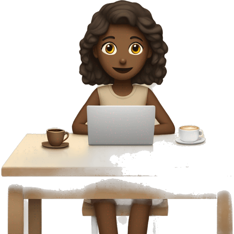 A girl at a table with a laptop. A a cup of coffee on the left side of the table. Books on the right side of the table. in beige tones emoji