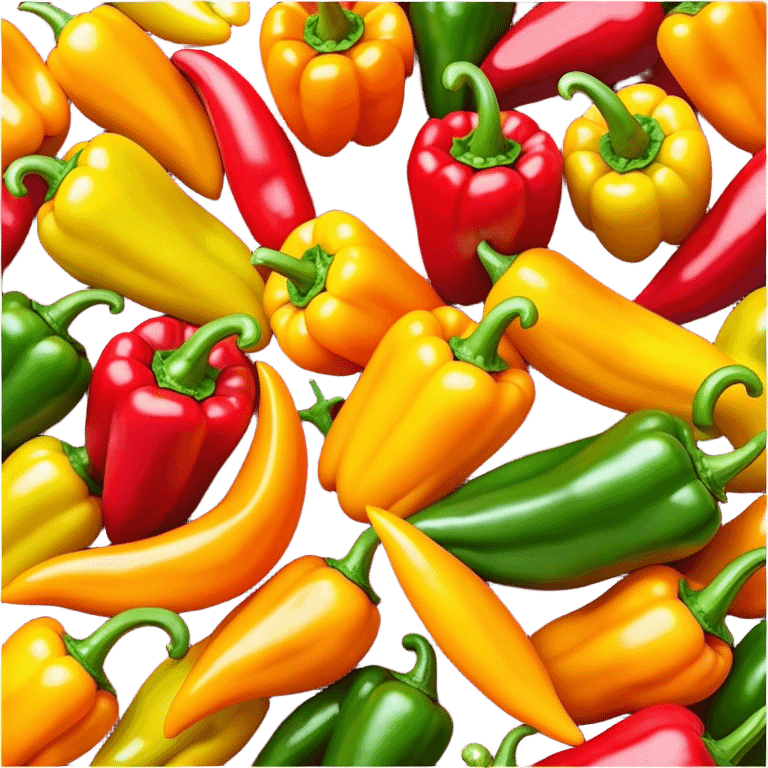 Cinematic bright colorful peppers, glossy and fresh, arranged in a vibrant mix of red, yellow, and green, warm glowing background, fresh and lively. emoji