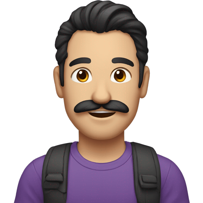 a man with long dark hair in a ponytail and a mustache shows a thumbs up, purple T-shirt and brown eyes emoji