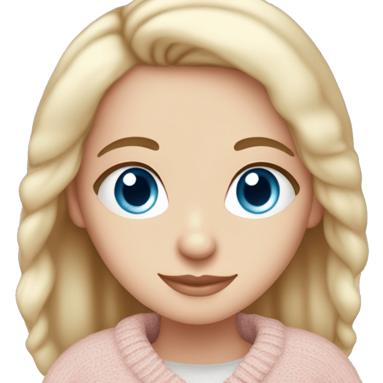 Pretty blue eyed white girl with light pink sweater reading cozy emoji