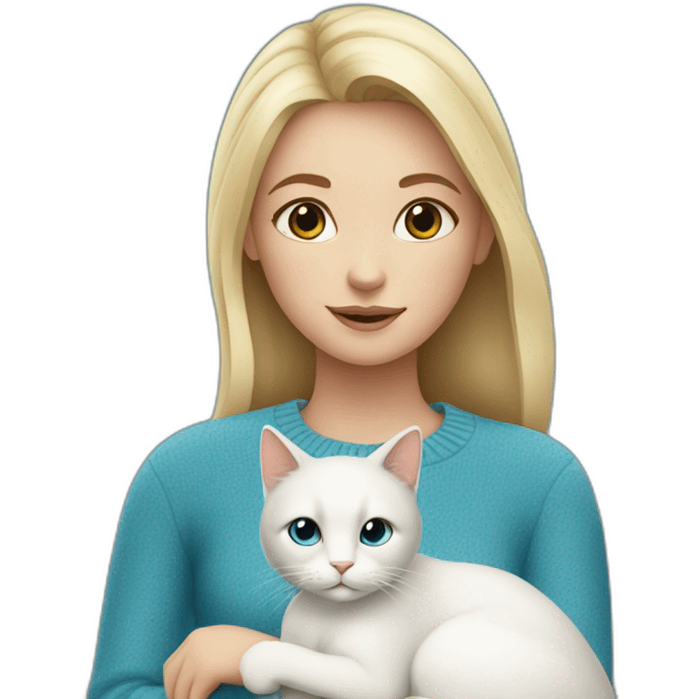 Blond girl in blue sweater and with white cat emoji