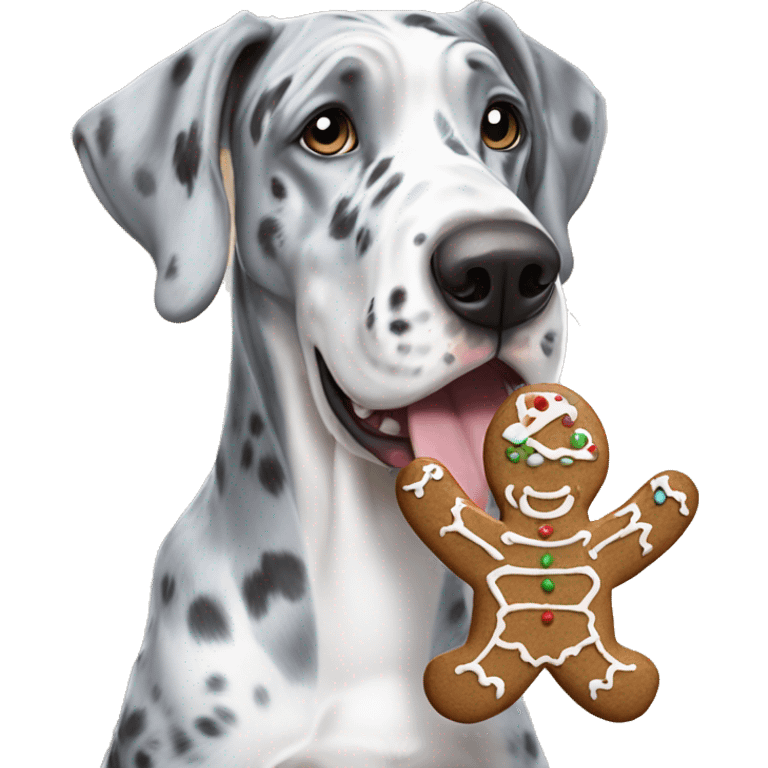 Blue Merle Great Dane eating gingerbread man emoji