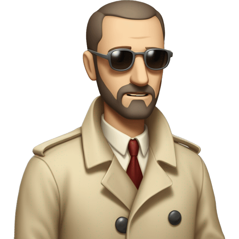 1930s investigator, a Caucasian man with short, buzz cut dark hair and a rough beard, wears tiny red-tinted sunglasses and a dirty beige trench lab coat. He has a serious demeanor. emoji