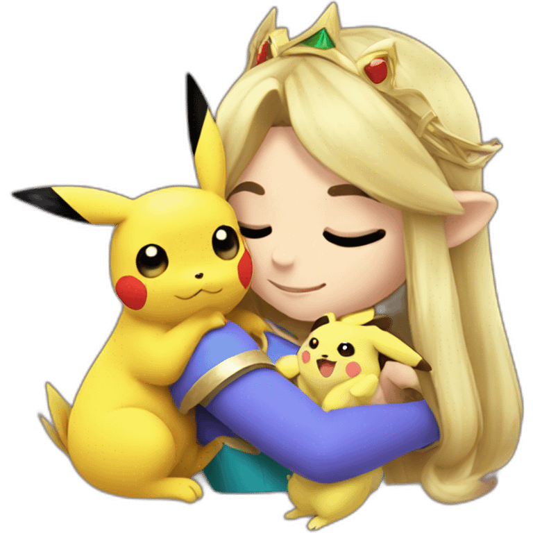 Princess Zelda cuddling a pikachu emoji