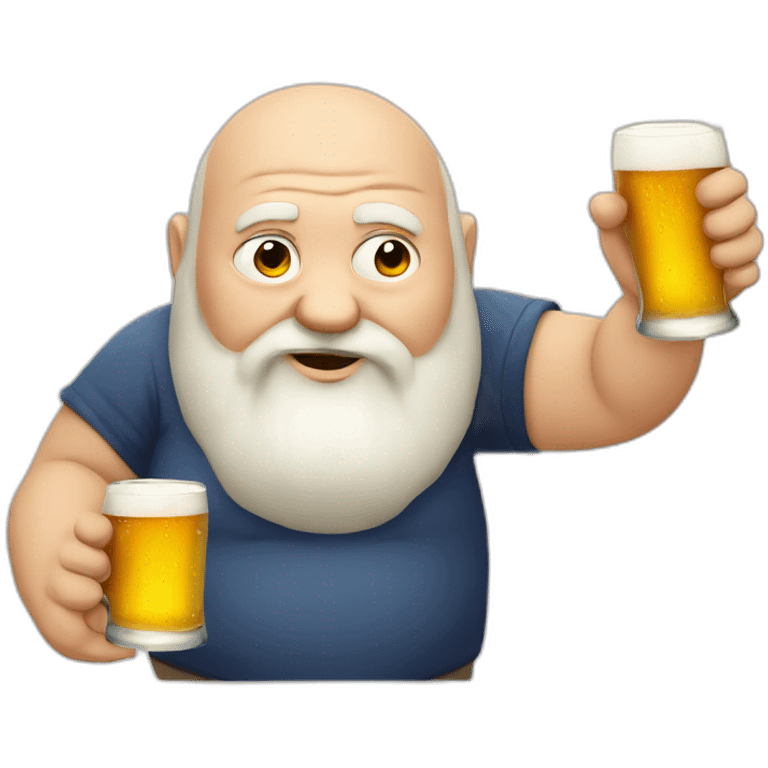 fat old man with beard and without hair, using glass, drinking beer emoji