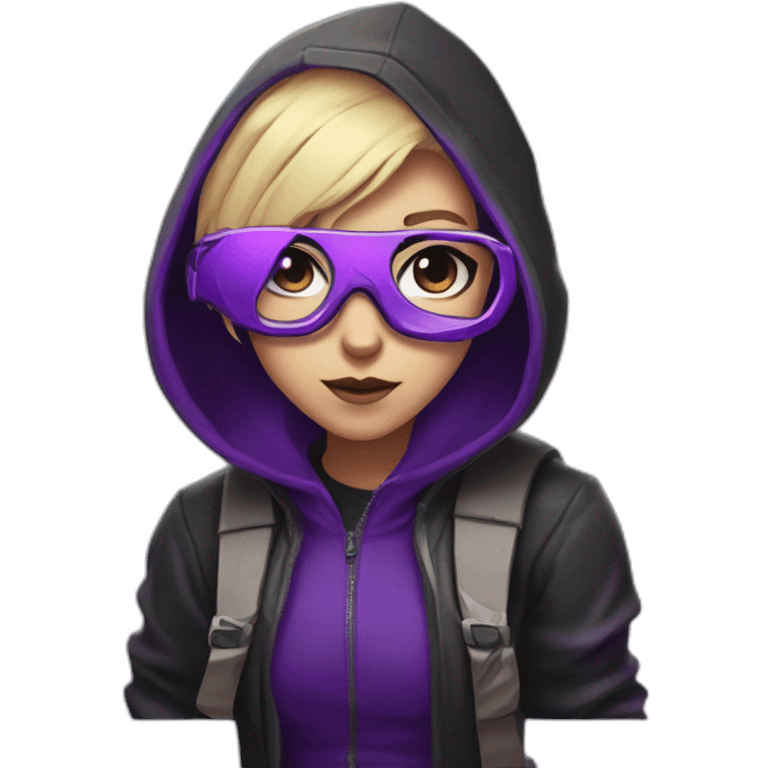 Girl blond developer  with round glasses left side behind his laptop with this style: valorant riot Game purple character purple black hooded hacker themed character emoji