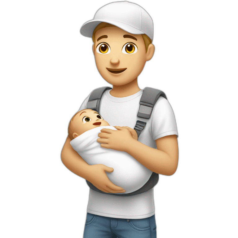 Young white guy wearing a white cap and holding a baby emoji