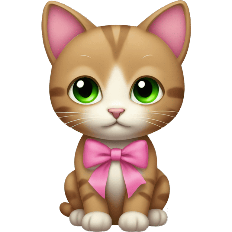 cute brown kitty with green eyes and pink bow emoji