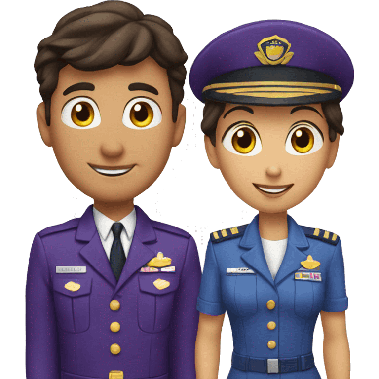 2 latino pilots one man and other woman wearing purpure uniform saying goodbye emoji