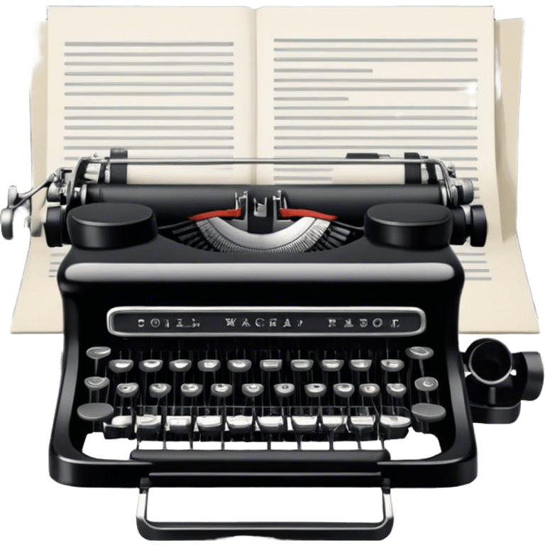 Create an emoji representing screenwriting. The design should feature an open script with visible dialogue and action lines, symbolizing the writing of a screenplay. Include a classic typewriter to signify the process of creating a script and a movie camera behind . Use a professional color palette with black, white, and subtle metallic tones. Do not include any emojis or smiley faces. Make the background transparent. emoji