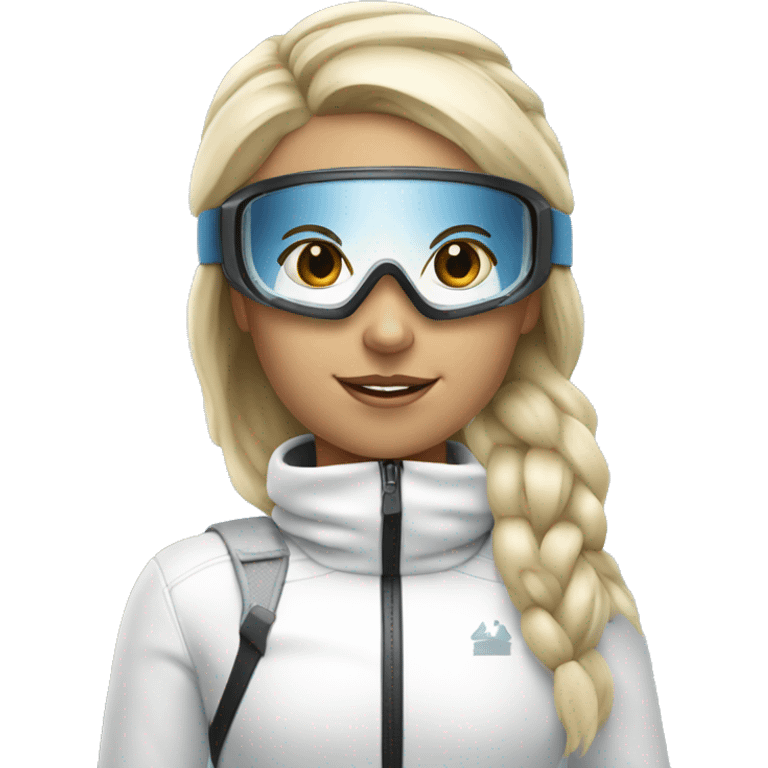 blonde girl skiing with white ski outfit wearing ski goggles emoji