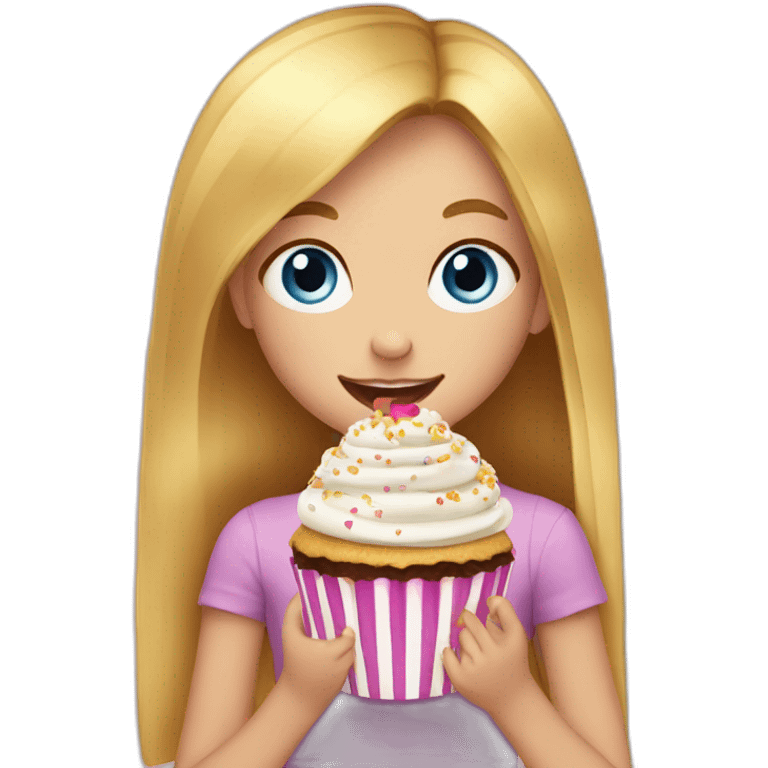 4-years old girl with golden straight hair and blue eyes eats cupcake emoji