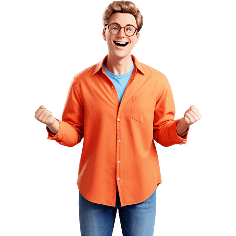 The character is a light-brown-haired young man with a happy expression.  He is wearing glasses, a reddish-orange button-down shirt with a light orange undershirt visible at the collar and cuffs, light-blue jeans, and light gray and white sneakers.  His arms are bent, with hands loosely clenched. He is positioned in a slightly dynamic, energetic pose.  The style is typical of animated series such as Family Guy , known for its exaggerated features and simple line art. The character's facial features are slightly exaggerated. The background is pure white. emoji