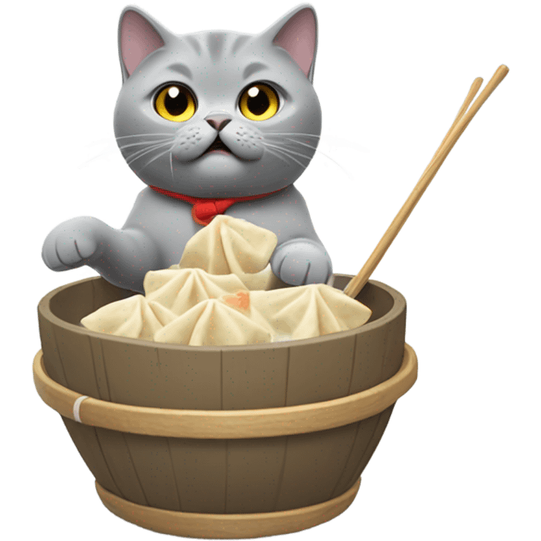 Gray British shorthair cat skiing down a mountain eating dumplings emoji