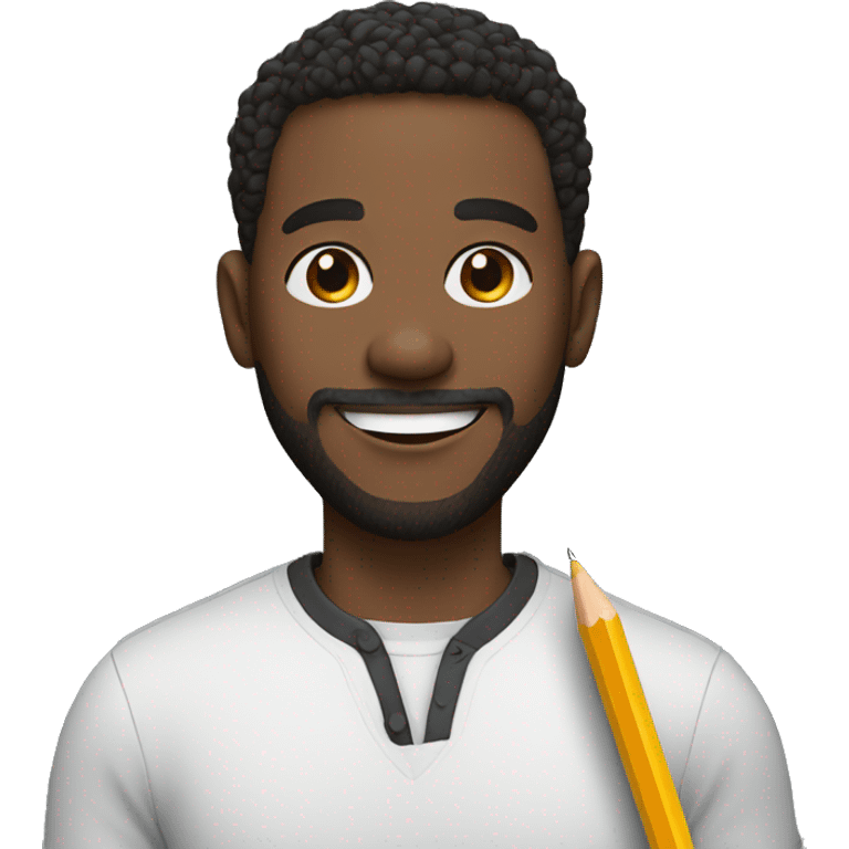 smiling black man with short hair and short beard with a pencil on his hand emoji