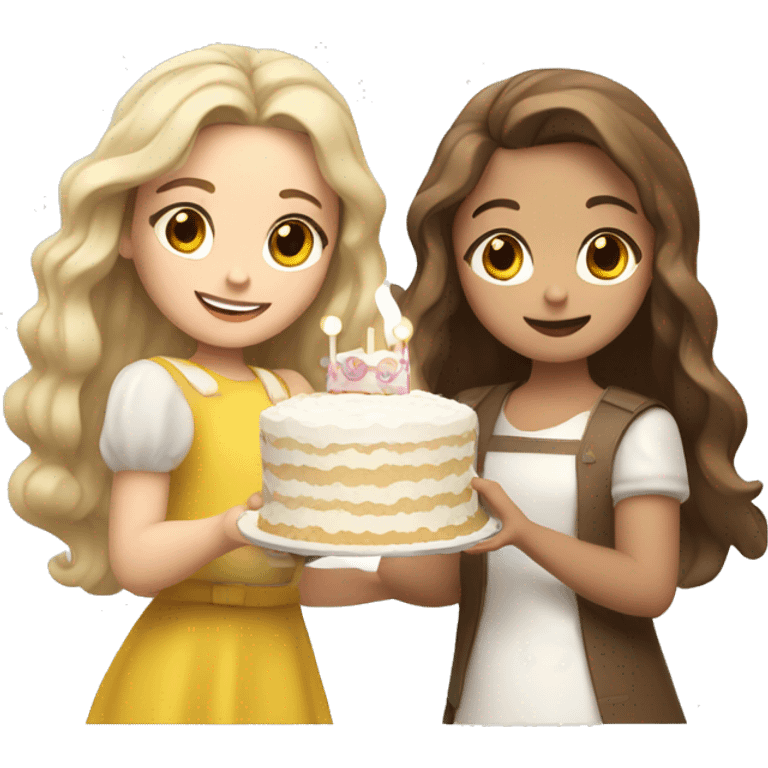 girl with blond wavy hair and Russian girl with brown straight hair together holding big white cake emoji