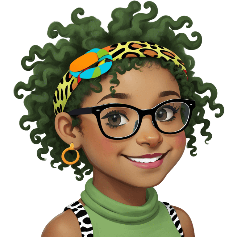 Black girl with animal print glasses and curly hair emoji