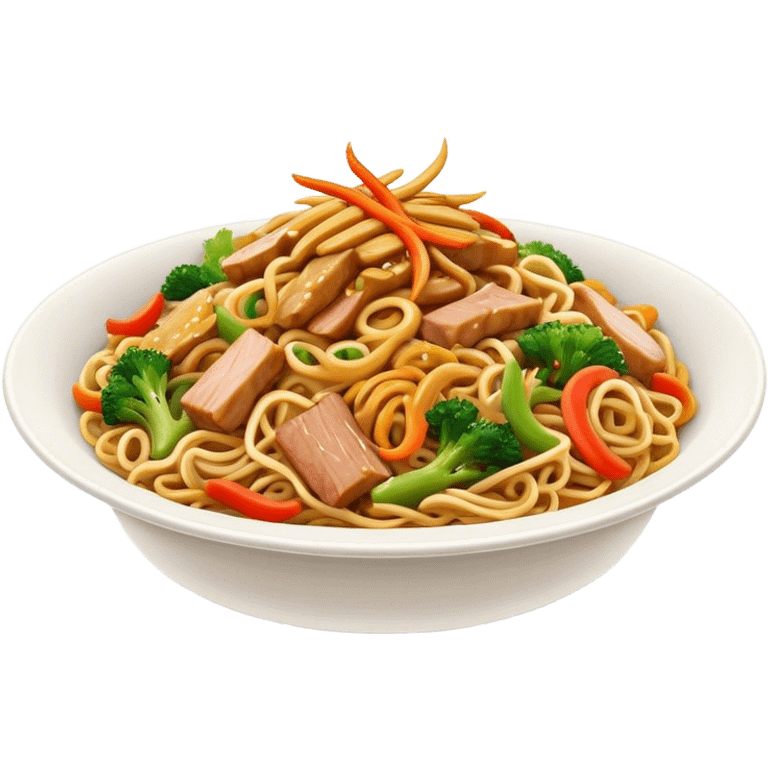 Cinematic Realistic Chow Mein Dish Emoji, showcasing stir‚Äêfried noodles with crisp vegetables and tender meat, rendered with lifelike detail and vibrant, dynamic lighting. emoji