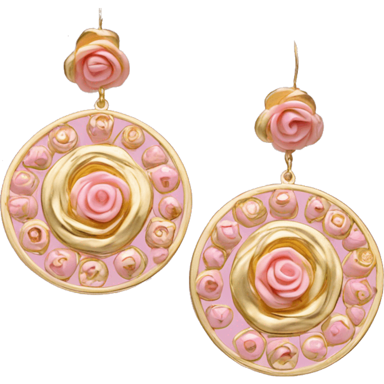 Pair of intricate gold dangle earrings with baby pink rosettes emoji