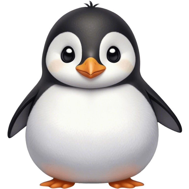 Cinematic chubby penguin, round fluffy body, tiny beak and feet, soft glowing feathers, gentle happy eyes, slightly tilted head, warm and irresistibly cute. emoji