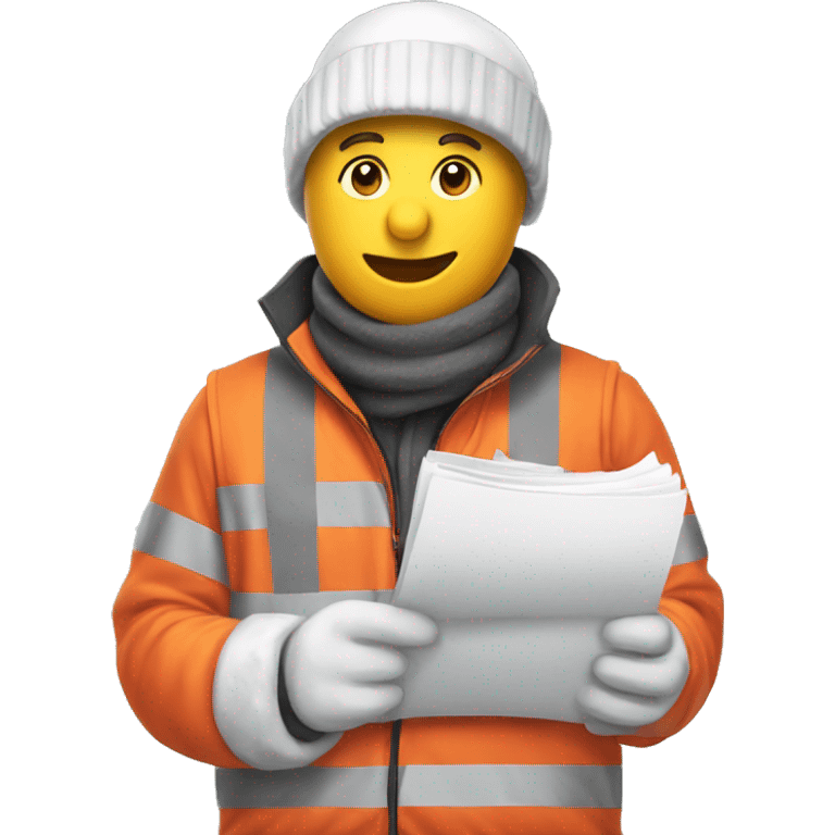 snowman holding construction documents with red shirt and orange vest emoji