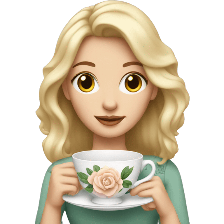 Blonde white woman holding an elegant floral teacup emoji