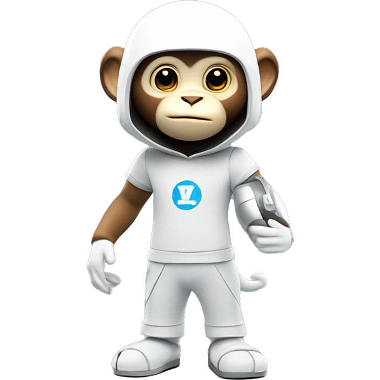 a 3d rendering of a full body shot of a cute white capucin monkey wearing a t shirt with a letter 'W' on it and a futuristic platinum helmet also with a letter 'W' on it, smiling and being cute to the camera, his style is futuristic y2k, he's standing up emoji