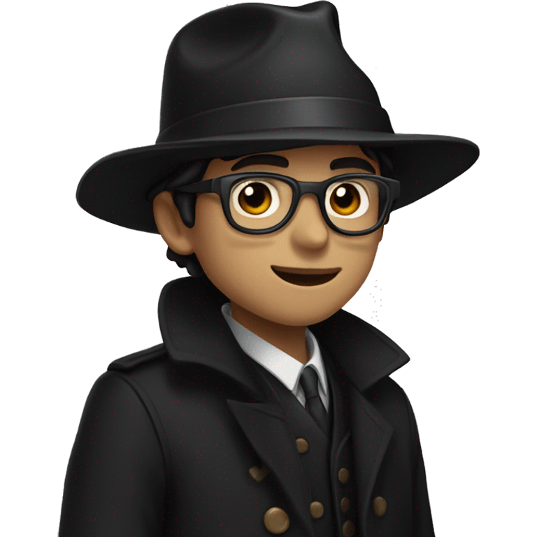 A boy with a wide-brimmed black hat, optical glasses, a black coat, pale skin, brown eyes, and a long muzzle. emoji