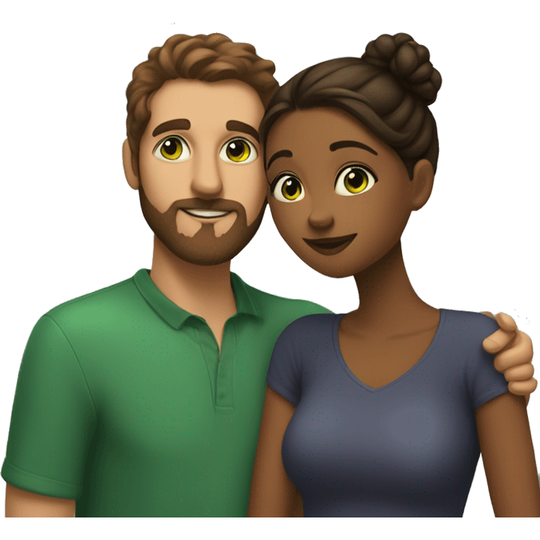 short brown girl with green eyes and full cheeks kisses a taller guy with brown hair and a beard emoji