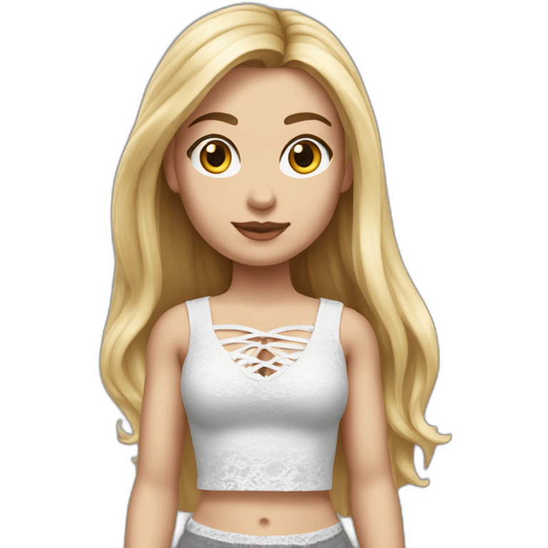 hyperrealistic caucasian female, long straight blonde hair, white lace-up crop top and grey plain tight mini skirt emoji