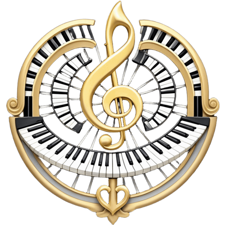 Create an elegant and festive emoji collage representing keyboard instruments, styled like a heraldic emblem. The design should feature a central focal point of black and white piano keys, arranged in a semi-circular or shield-like shape. Around the piano keys, add intertwining musical notes that form flowing ribbons, creating a dynamic and celebratory atmosphere. The design should be professional, with polished silver and gold accents on the keys and notes, highlighting the luxury and sophistication of the instruments. Add subtle shading and lighting effects to give the design a refined, 3D appearance. The background should remain transparent, and the overall feel should evoke grandeur, artistry, and a sense of celebration. emoji