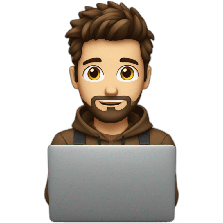 No glasses Cute programmer on his laptop looking front with a brown quiff as a hair and brown eyed with a bit of a beard emoji