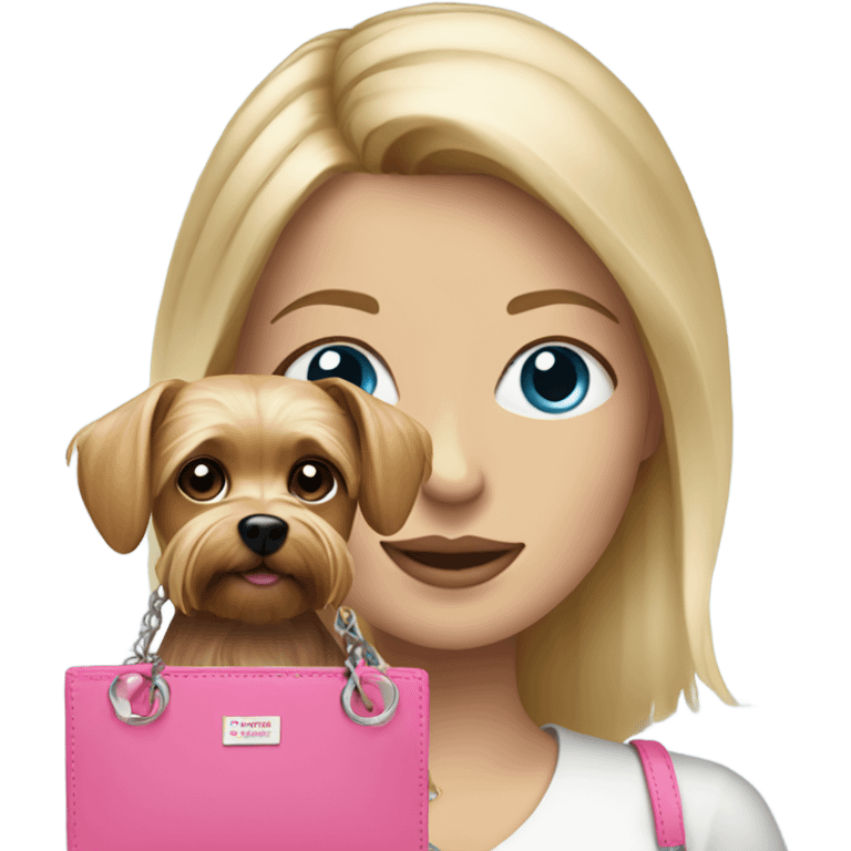 White woman with blonde hair and blue eyes holding pink purse and yorkie dog  emoji