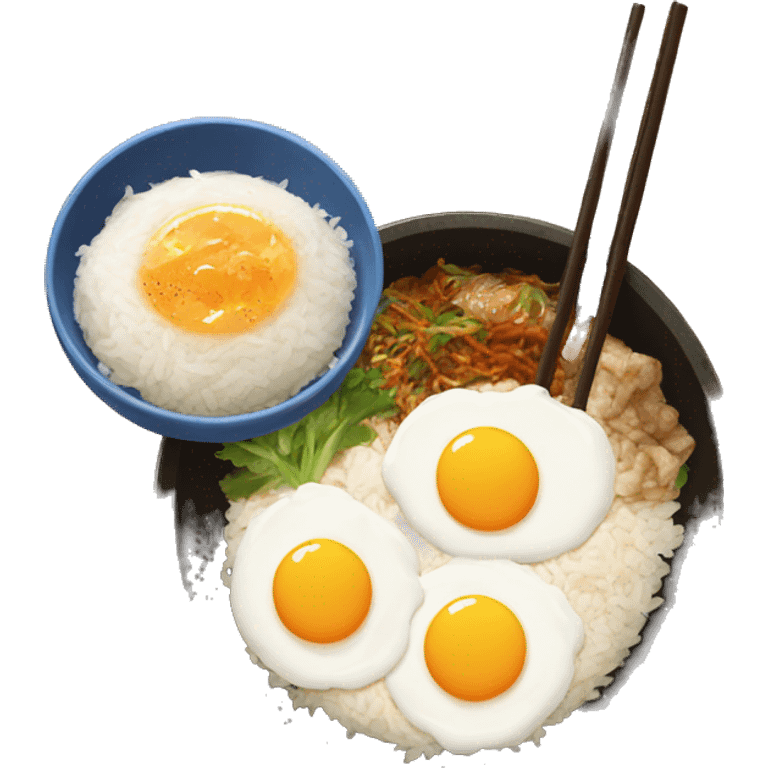 traditional korean dish with rice, one egg on top and salas  emoji