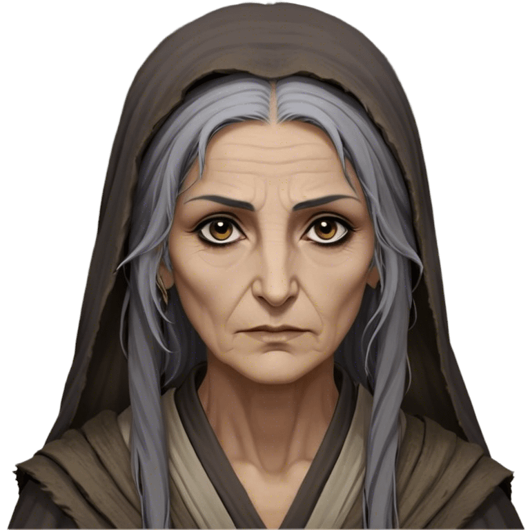 Mirri Maz Duur is a weathered, age 60 Lhazareen woman with deep-set dark eyes, high cheekbones, and a sharp nose, giving her a stern, knowing expression. Her long, unkempt dark hair streaked with gray falls loosely over her shoulders, and her earth-toned, tattered robes mark her as a humble healer. Despite her frail appearance, she exudes an aura of mystery and menace, her hands stained with herbs and blood from both healing and dark sorcery. emoji