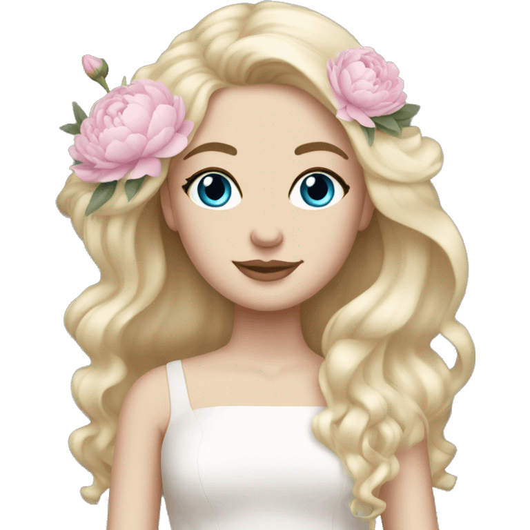 White bride with long light blonde hair and blue eyes with light pink peonies in hair white skin  emoji