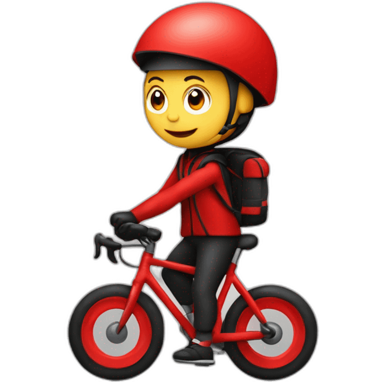 Garçon en tenue rouge sur un vélo noir vélo avec un sac tout rouge cubique, emoji