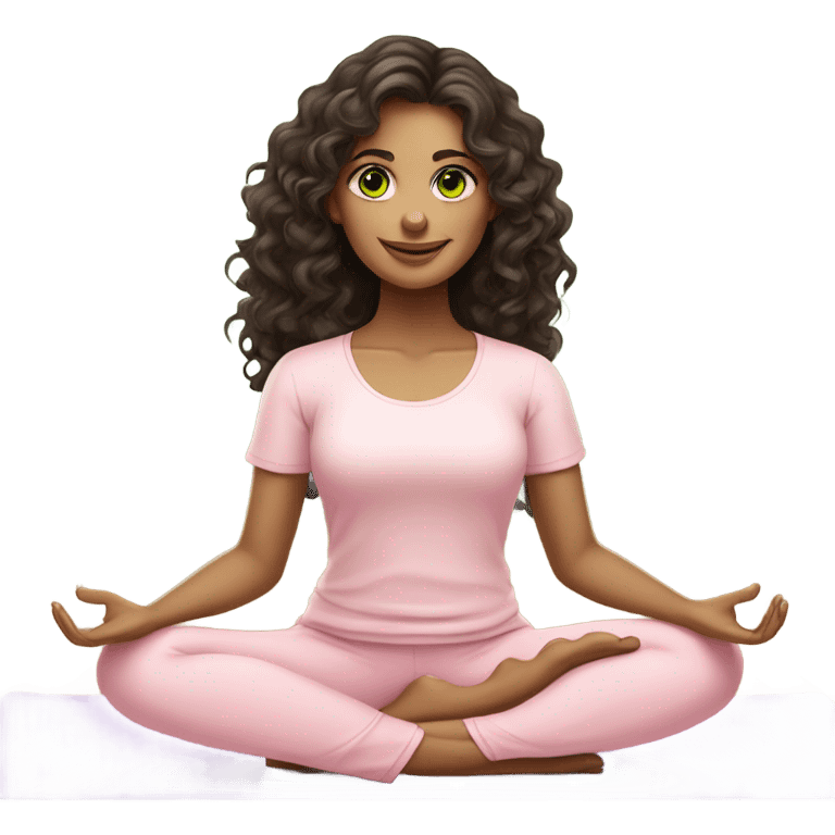 Dark brown long curly hair and green eyes yoga beautiful girl in light pink pink pink clothes sitting on a yoga mat emoji