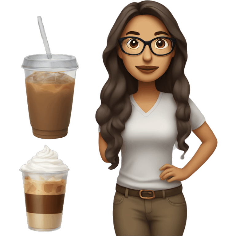 Hispanic woman with long brown hair wearing glasses holding an iced coffee in a clear cup.  emoji