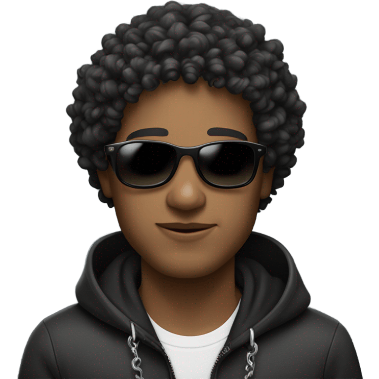 Curly haired man wearing a black hoodie, necklace chain, black sunglasses emoji