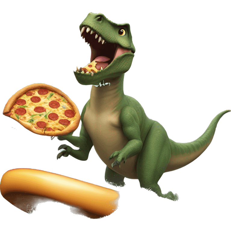 Dinosaur surfing while eating pizza in a flooded city emoji