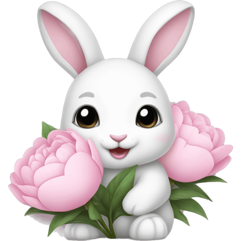 cute white bunny holding light pink peonies emoji