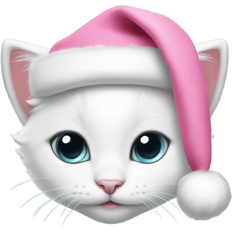 Cute White kitten wearing pink Santa hat and pink Santa Coat emoji