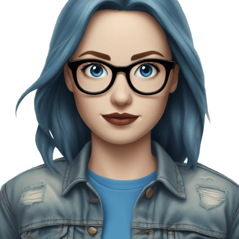 Hyper Realistic pale beautiful tattooed woman with glasses and blue eyes wearing denim jacket emoji