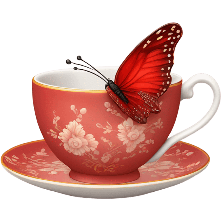 A delicate red butterfly with pastel red wings, resting on the edge of a light red porcelain teacup adorned with intricate floral patterns. emoji