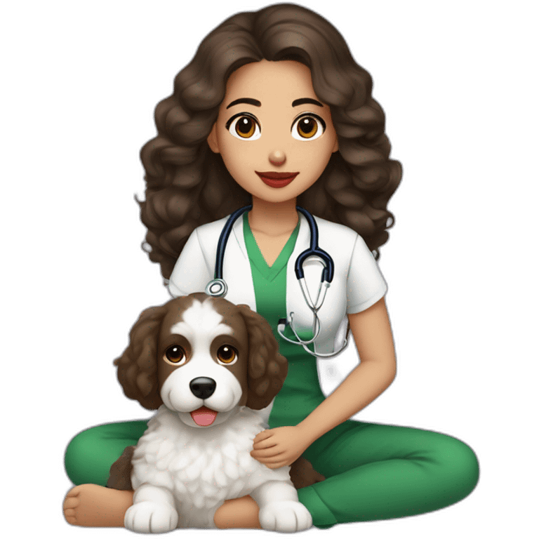 young moroccan woman with dark brown eyes, dark long curling hair, red lips, a green top, a stethoscope and a white cotton of tulear dog on her lap emoji